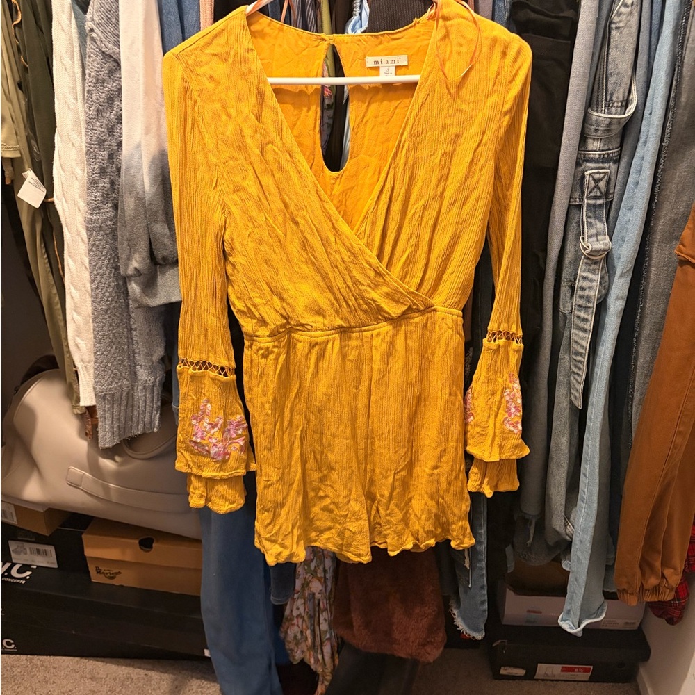 Miami Mustard Romper with Embroidered Sleeves (Relaxed fit)
